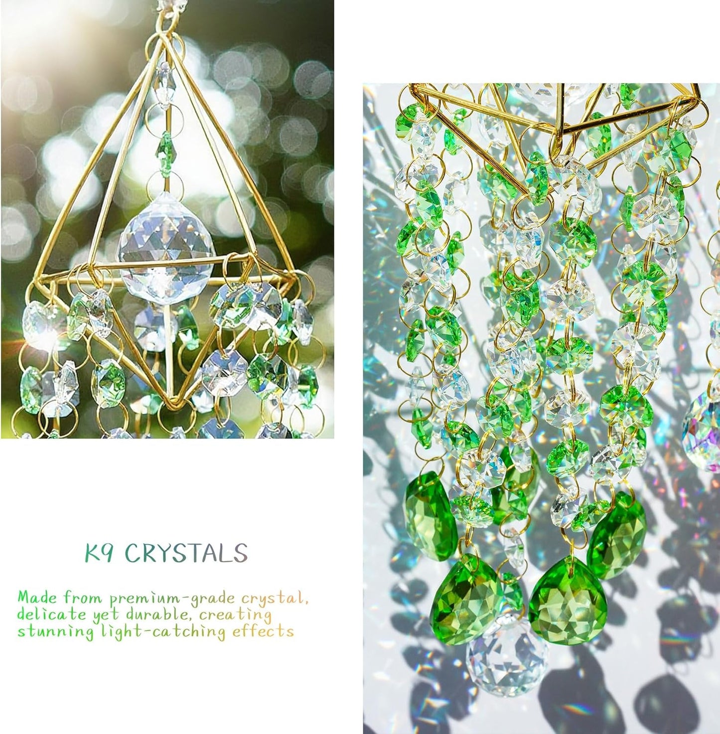 HDCRYSTALGIFTS Crystal Suncatcher, Crystal Sun Catcher Indoor Window Rainbow Prisms Suncatcher for Window Hanging Glass Wind Chimes Home Garden Decor (Green)