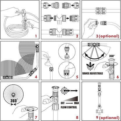 RESTMO Above Ground Sprinkler System with Metal Spike Base, Flexible DIY Irrigation Kit, Multi-Adjustable Lawn Sprinkler & 30ft Hose Set, for Garden Plant, Flower Bed and Large Yard Area Watering