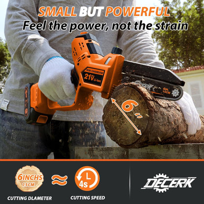 Mini Chainsaw Cordless - DECERK Brushless 6 Inch Electric Chain Saw, Portable Left Handheld Chainsaw Battery Powered for Tree, Branch, Wood, Best Gift Saw Tools for Household & Garden, Men Dad Husband
