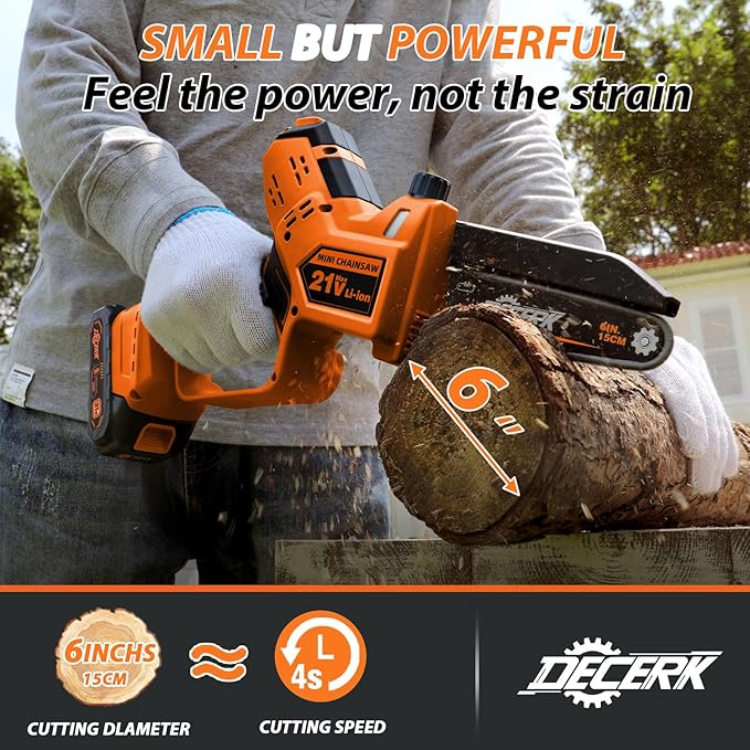 Mini Chainsaw Cordless - DECERK Brushless 6 Inch Electric Chain Saw, Portable Left Handheld Chainsaw Battery Powered for Tree, Branch, Wood, Best Gift Saw Tools for Household & Garden, Men Dad Husband