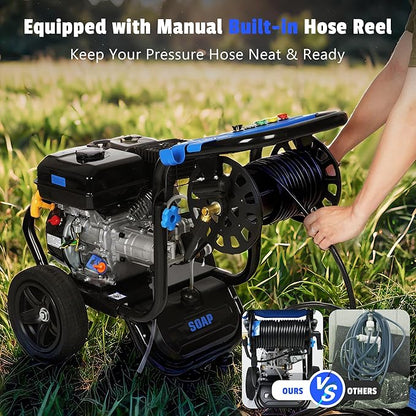 Gas Pressure Washer 3600PSI 2.3 GPM 212CC High Pressure Washers, 30FT Hose with Reel, Built-in Soap Tank, 5 Quick-Connect Nozzles, Axial Pump, Heavy Duty Gas Power Washer for Cars Driveways