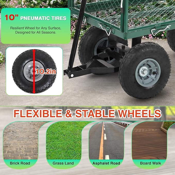 FDW Garden Cart Streel Heavy Duty 500 LBS Capacity，Utility Cart Wagon with Removable Sides and 180°Rotating Handle for Yard, Lawn and Garden Hauler (Dark Green)