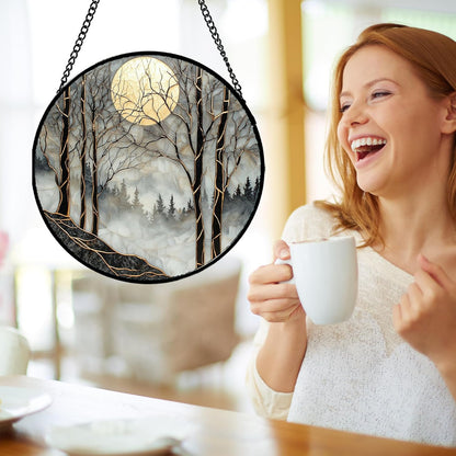 Stained Glass Window Hanging - Black and White Gold Moon Forest Sun Catcher for Door Home Decor Suncatcher Christmas Mother's Day Birthday Gifts for Women Men Lovers Mom Nana 6.3 in