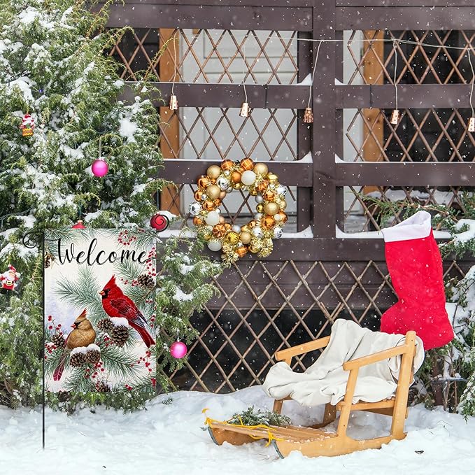Welcome Christams Garden Flags for Outside Decoration, Cardinal Pine Twigs Berry Small Yard Flag, Seasonal Farmhouse Winter Xmas Holiday Outdoor Decor 12x18 Inch Vertical Double Sided