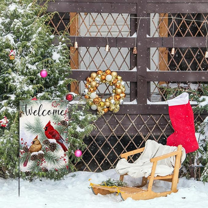 Welcome Christams Garden Flags for Outside Decoration, Cardinal Pine Twigs Berry Small Yard Flag, Seasonal Farmhouse Winter Xmas Holiday Outdoor Decor 12x18 Inch Vertical Double Sided