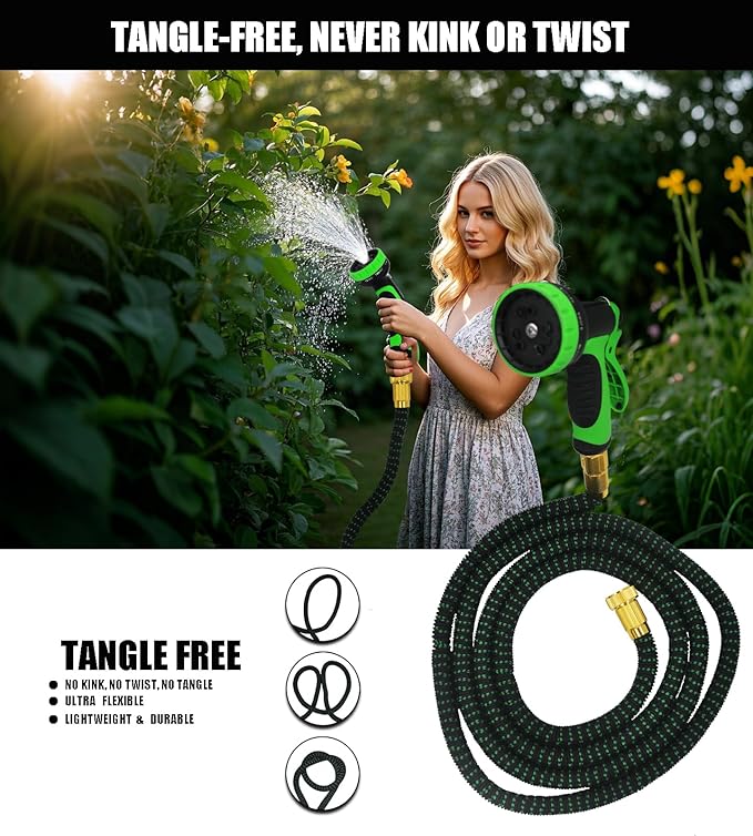 Expandable Garden Hose - 50 ft with 10 Function Nozzle Sprayer, Lightweight Flexible Water Hose with Durable Collapsible Latex Core & Solid Brass Fittings, 50ft Retractable Stretch Hose