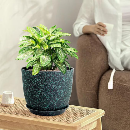 Plant Pots 10/9/8 inch, Set of 3 Modern Decorative Plastic Planters with Drainage Holes and Saucers for Garden House Plants, Flower Pots for Indoor Outdoor Plants, Black with Green Speckles