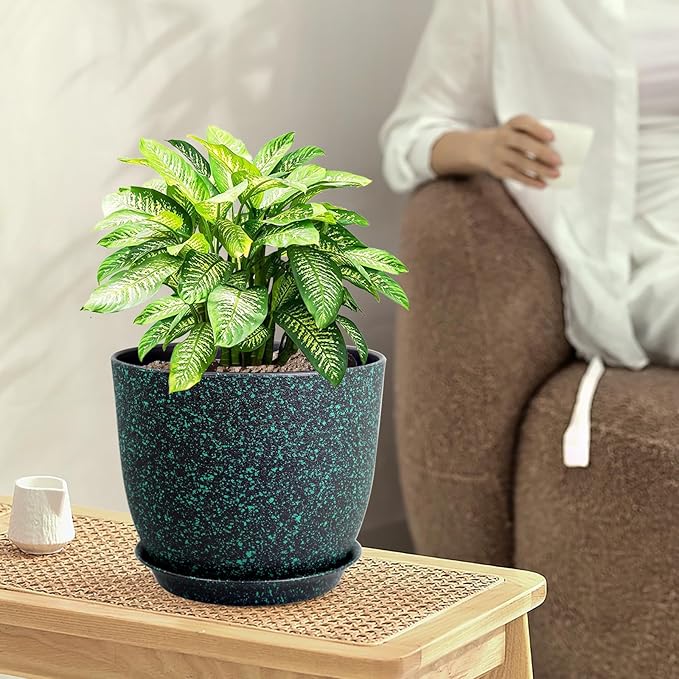 Large Flower Pots 12/10/9 inch, Set of 3 Decorative Plastic Planters with Drainage Holes and Saucers for Garden House Plants, Plant Pots for Indoor Outdoor Plants, Black with Green Speckles