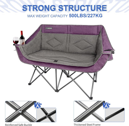 Oversized Double Camping Chair-Heavy Duty 2 Person Folding Loveseat Camp Couch for Adults,Portable Outdoor Lawn Chairs with Padded Seat for Fishing,Sports and Patio,Supports 500 LBS,Purple