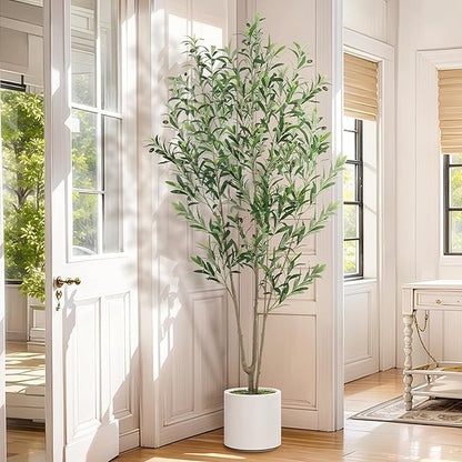 Olive Trees Artificial Indoor, 2 PCS 6FT Faux Olive Tree with Tall Pot, Natural Wood Trunk Treemote and Leaves, Fake Plant for Home Office Bedroom Decor