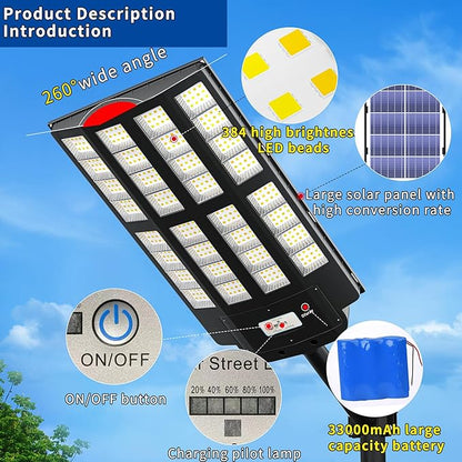 Ofuray Of-6200W Solar Street Lights Outdoor, 620000LM Solar Security Flood Light Parking Lot Lights Dusk to Dawn, 6500k Waterproof Led with Remote Control Motion for Street,Court,Barn