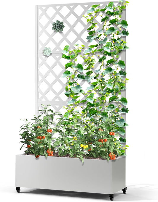 Metal Planter Box with Trellis & Wheels, Raised Garden Bed with Privacy Screen, Outdoor Standing Flower Beds with Drainage Hole for Climbing Plants, Vine, 35.4" L x 15.7" W x 70.9" H, White