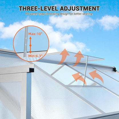 8x12 FT Polycarbonate Greenhouse with Roof Vent - Large Aluminum Walk-in Greenhouse Kit for Gardening, Backyard, Patio, Lawn - Easy Assembly