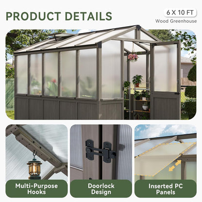 Aoxun 6x10 FT Walk-in Wooden Greenhouse,Solid Cedar Frame,Polycarbonate Panels, Automatically Temperature Control Roof Vent and Lockable Door,for Outdoor, Garden, Backyard,Patio, Lawn, Gray
