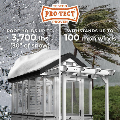 Backyard Discovery Bellerose 9' x 6' White Cedar Wood and Polycarbonate Walk-in Greenhouse Kit with Pergola, Exhaust Fan, Window, Hose Hook-Ups, PowerPort, Staging Shelves for Outdoor Gardening