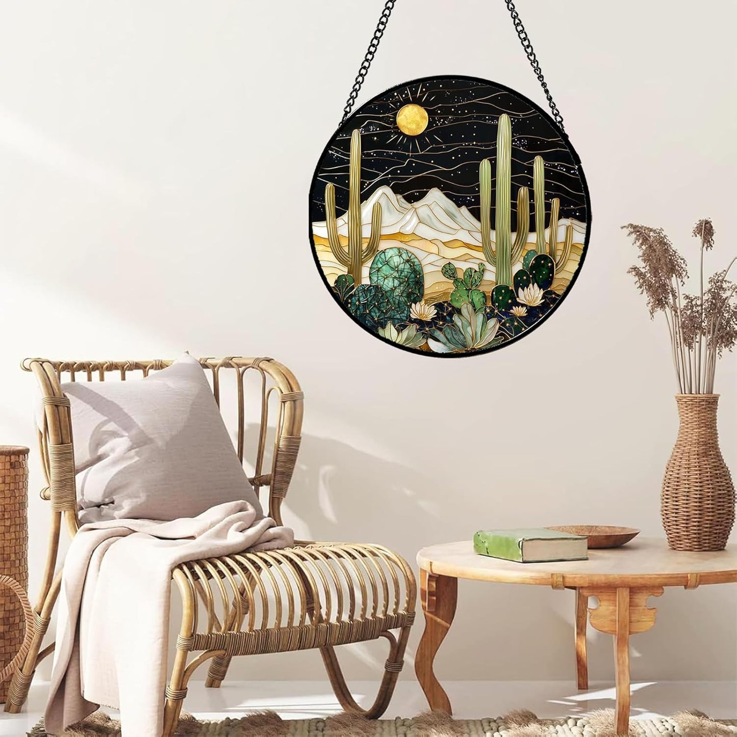 Stained Glass Window Hanging, Black and White Golden Cactus Nature Suncatcher for Doors Window Home Starry Sky Sun Catchers Decor Mother's Day Birthday Gifts for Women, Men Mom 6.3 in