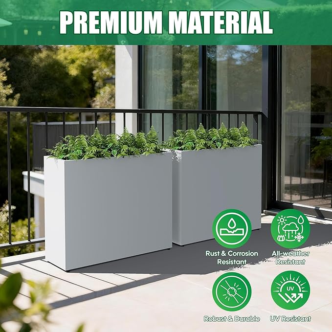 Large Metal Planter Box for Outdoor 38"Lx13"Wx30"H, Tall Rectangular Planters for Outdoor Patio/Porch/Cafe, All-Weather Durable Galvanized Steel, Modern Design for Plants, Flower,Garden, White