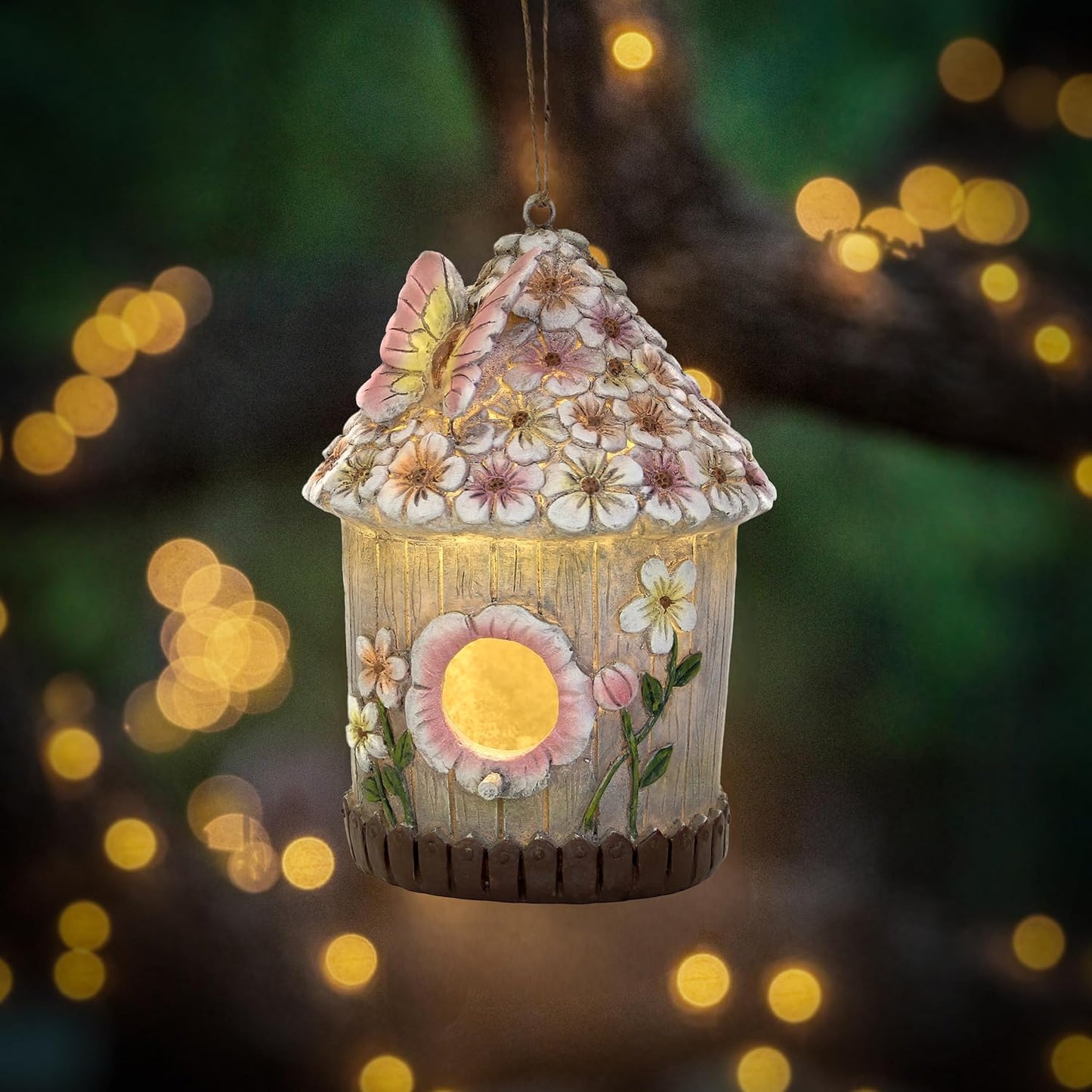 Hanging Bird House for Outdoor with Solar Light, Nesting Box Garden Resin Decor, Pet Cottage Birdhouse with Pole Decoration for Small Hummingbird Blue Bird Sparrow Chickadee