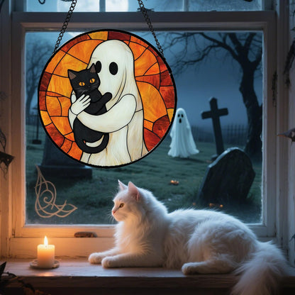 Stained Glass Window Hanging - Halloween Decorations White Ghost Black Cat Suncatcher for Doors Garden Spooky Funny Orange Sun Catchers Gothic Decor Horror Gifts for Women Men Friend 15 in
