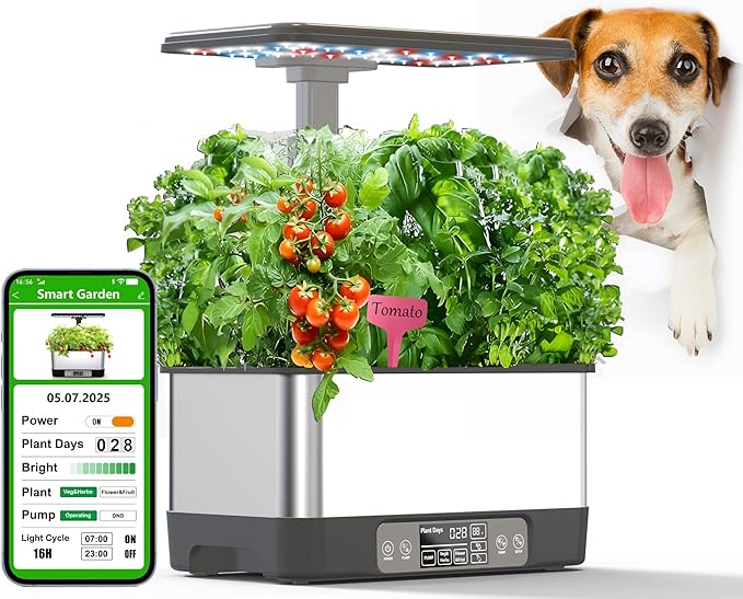 Hydroponics Growing System Indoor Garden, Smart Indoor Herb Garden with Grow Light, in Door Gardening System 8 Pods, APP & WiFi Control, Auto Timer, Quiet Pump, Stainless, Gift for Women Mom, Gray