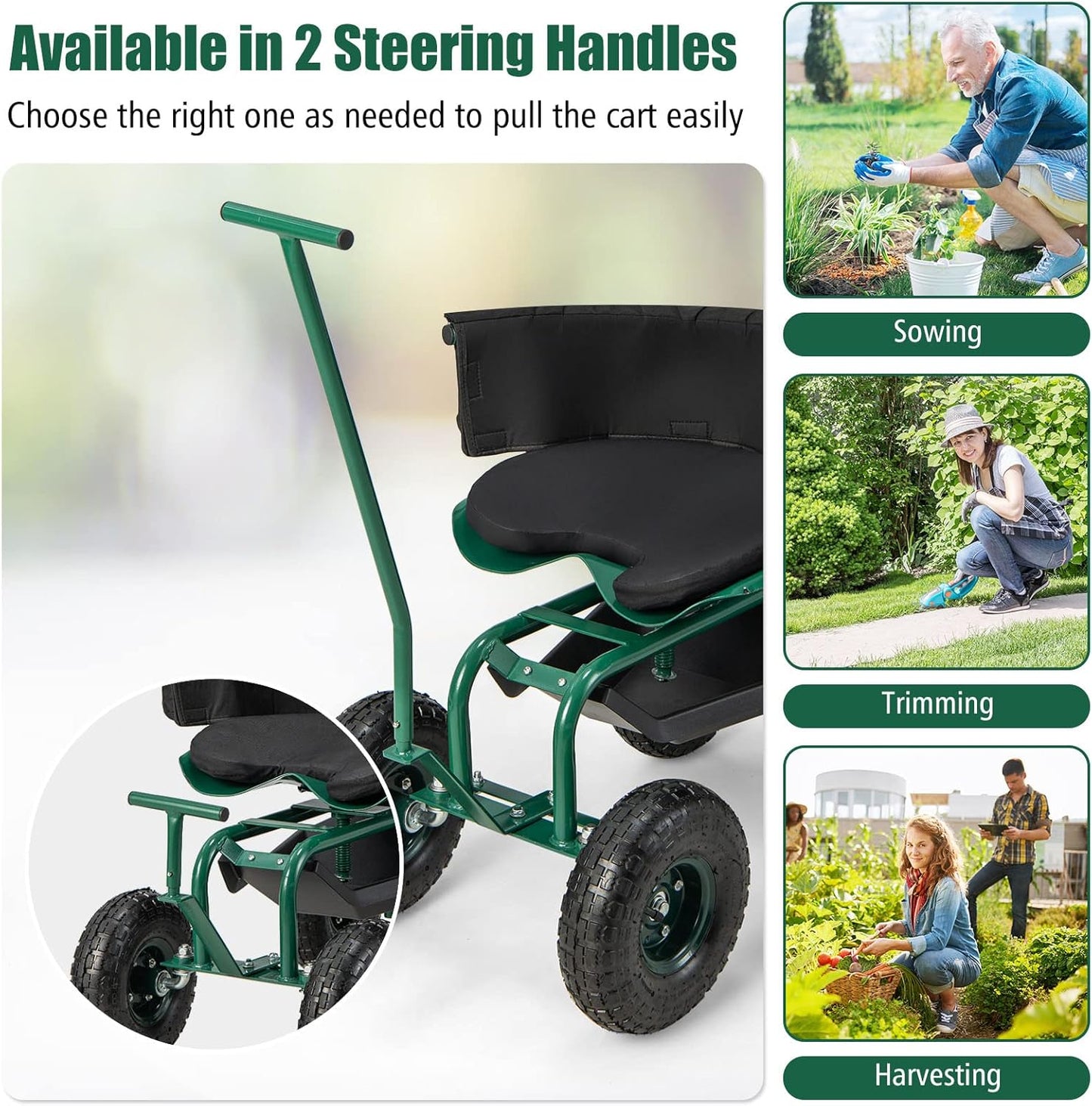 Goplus Rolling Garden Seat with Wheels, Outdoor Garden Cart with 360° Swivel Seat & Tool Storage, 2 Steering Handles, Gardening Stool Wagon Scooter, Lawn, Patio Gardening Workseat for Seniors