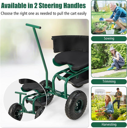 Goplus Rolling Garden Seat with Wheels, Outdoor Garden Cart with 360° Swivel Seat & Tool Storage, 2 Steering Handles, Gardening Stool Wagon Scooter, Lawn, Patio Gardening Workseat for Seniors