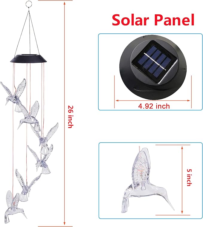 Solar Hummingbird Wind Chimes Outdoor-Waterproof Solar Powered LED Changing Light Color Hummingbirds Mobile Romantic Wind Chime for Mom Gifts, Home,Party,Festival,Night Garden Decoration(Blackboard)