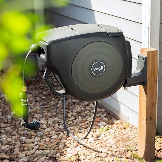 Garden Hose Reel Retractable 1/2" x 130ft Wall Mounted Hose Reel Automatic Rewind, Any Length Lock with 9 Patterns Sprayer Nozzle, Quick Connector and Adjustable shot Nozzle-Seaweed Green