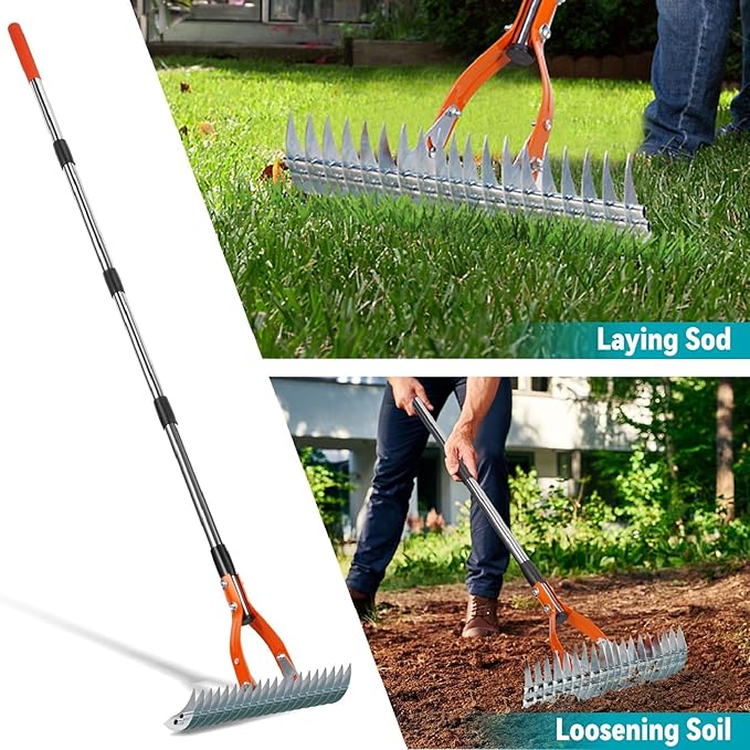Thatch Rake for Lawns, Yofidra 15" Heavy Duty Metal Dethatcher Rake with 5FT Handle, 70’’ Adjustable Manual Thatcher with 19-Tine for Lawn Loosening Soil, Yard and Removing Dead Grass