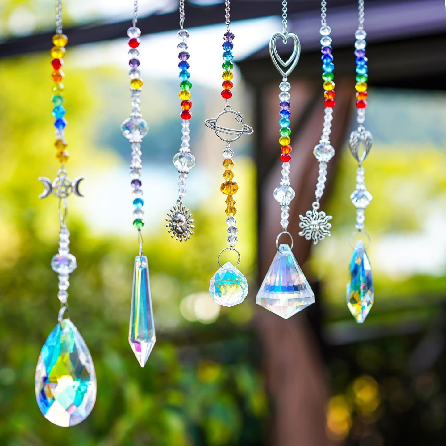 Suncatcher Crystal Prisms Hang Pendants Garden Window Sun Catcher Rainbow Chandelier Beads Chain Ornament, Pack of 7