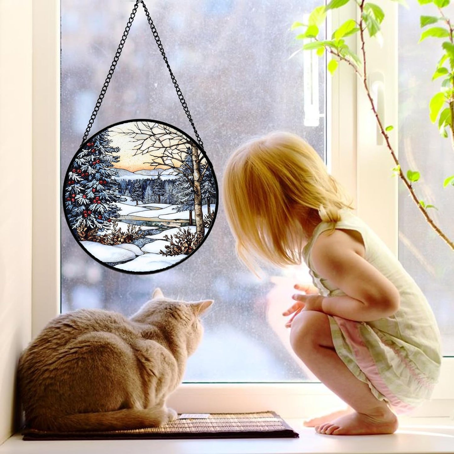 Stained Glass Window Hanging, Winter Snow Landscape Suncatcher Diamond Glass Panel Sun Catchers Decor for Birthday for Women, Men, Wife, Aunt, and Mom 9.8 in