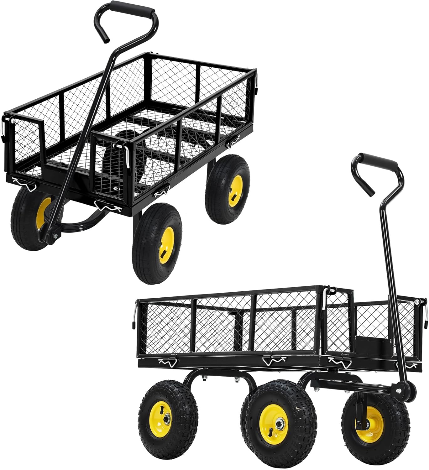 Steel Garden Cart, 900 LBS Heavy Duty Metal Garden Wagon with 10 in Wheels, Metal Push Wagon with 180° Rotating Handle and Removable Sides for Farm, Yard