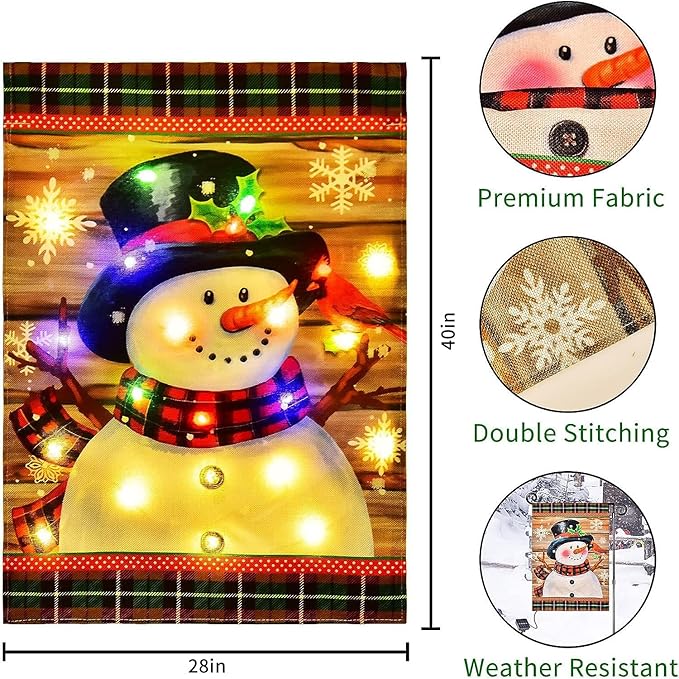 Lighted Christmas Garden Flag for Outside, Led Snowman Garden Flag, Winter Yard Flag 28x40 Double Sided for Outdoor Yard Porch Lawn Decoration