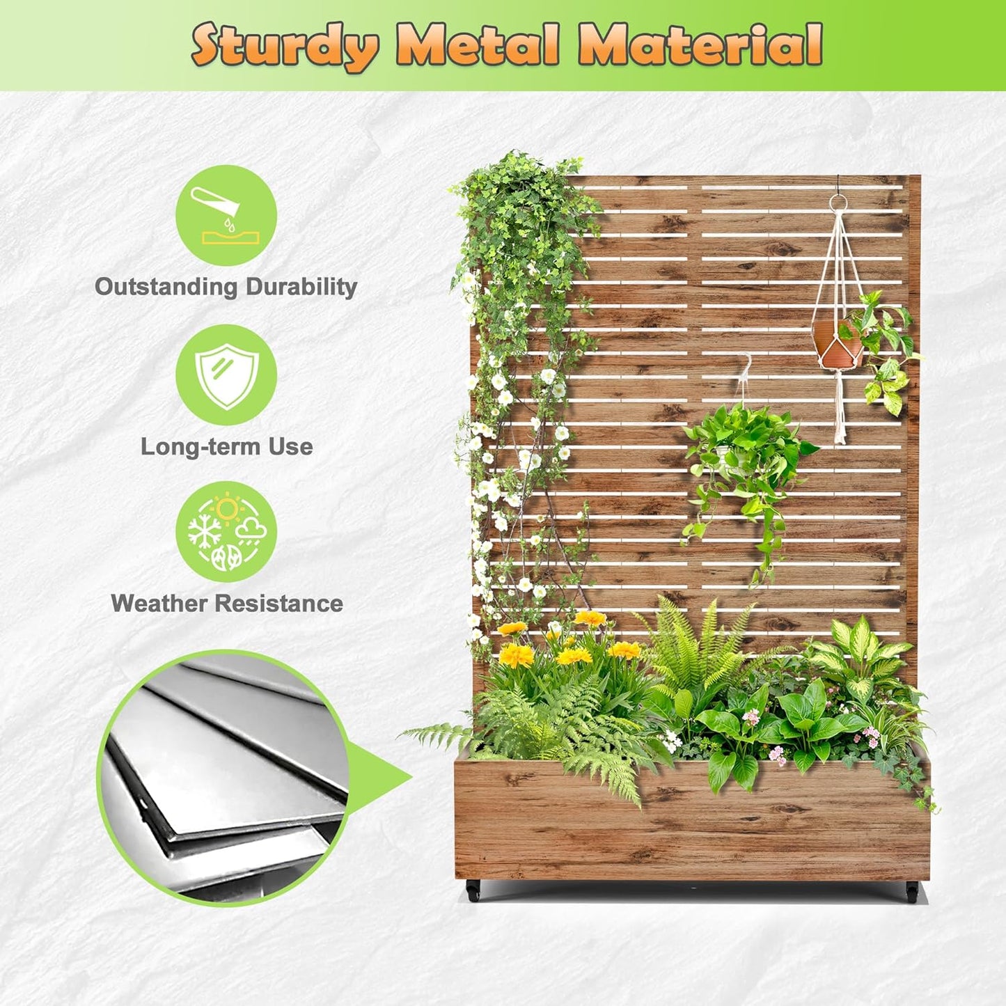 Metal Raised Garden Bed with Trellis, 2-in-1 Planter Box & Privacy Screen for Climbing Plants, Outdoor Standing Flower Bed with Drainage Holes, 47.2" L x 16.7" W x 70.8" H, Natural Wood Grain