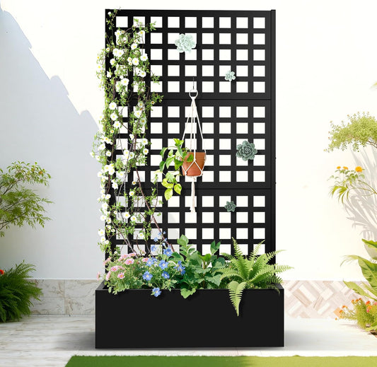 FENCY Metal Raised Garden Bed with Trellis, Metal Planter Box with Trellis, Garden Box for Climbing Plants Vegetable, 35''Lx16''Wx71''H Garden Bed with Drainage Holes(Black)