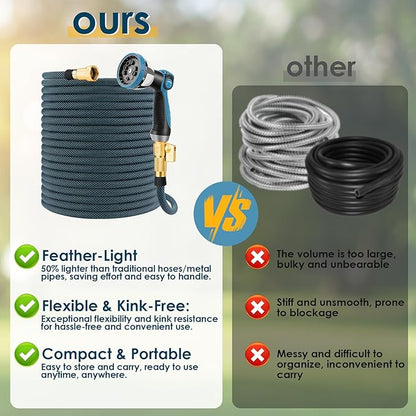 Non-Expanding Garden Hose 50 ft, Flexible Water Hose with 10 Function Spray Nozzle, Lightweight Hose Pipe, Leak-Proof, Durable, Kink-Resistant, 3/4 Inch Connector, Portable Storage Strap