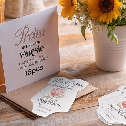 Onesie Seed Paper – 15 Protea Baby Shower Favors for Guests with Wildflower Seeds, Writable & Plantable, Baby Shower Gifts for Guest