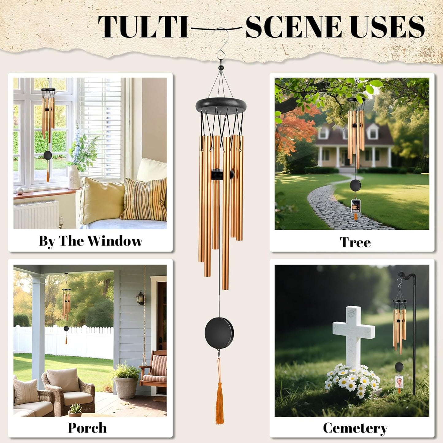 Memorial Wind Chime for Outdoor - Sympathy Gift with Signature Plaque & Photo Holder, Bereavement Keepsake for Loss of Loved One, Funeral Memorial for Parents, Garden & Patio Decor (Gold)