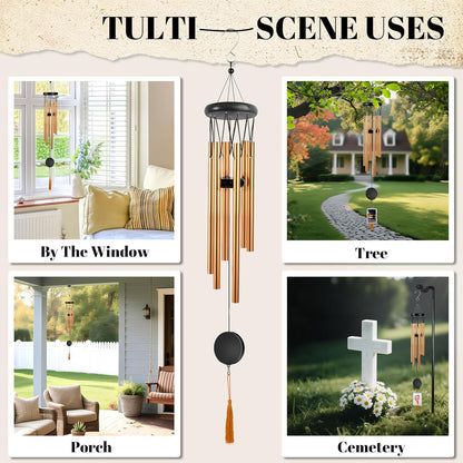 Memorial Wind Chime for Outdoor - Sympathy Gift with Signature Plaque & Photo Holder, Bereavement Keepsake for Loss of Loved One, Funeral Memorial for Parents, Garden & Patio Decor (Gold)