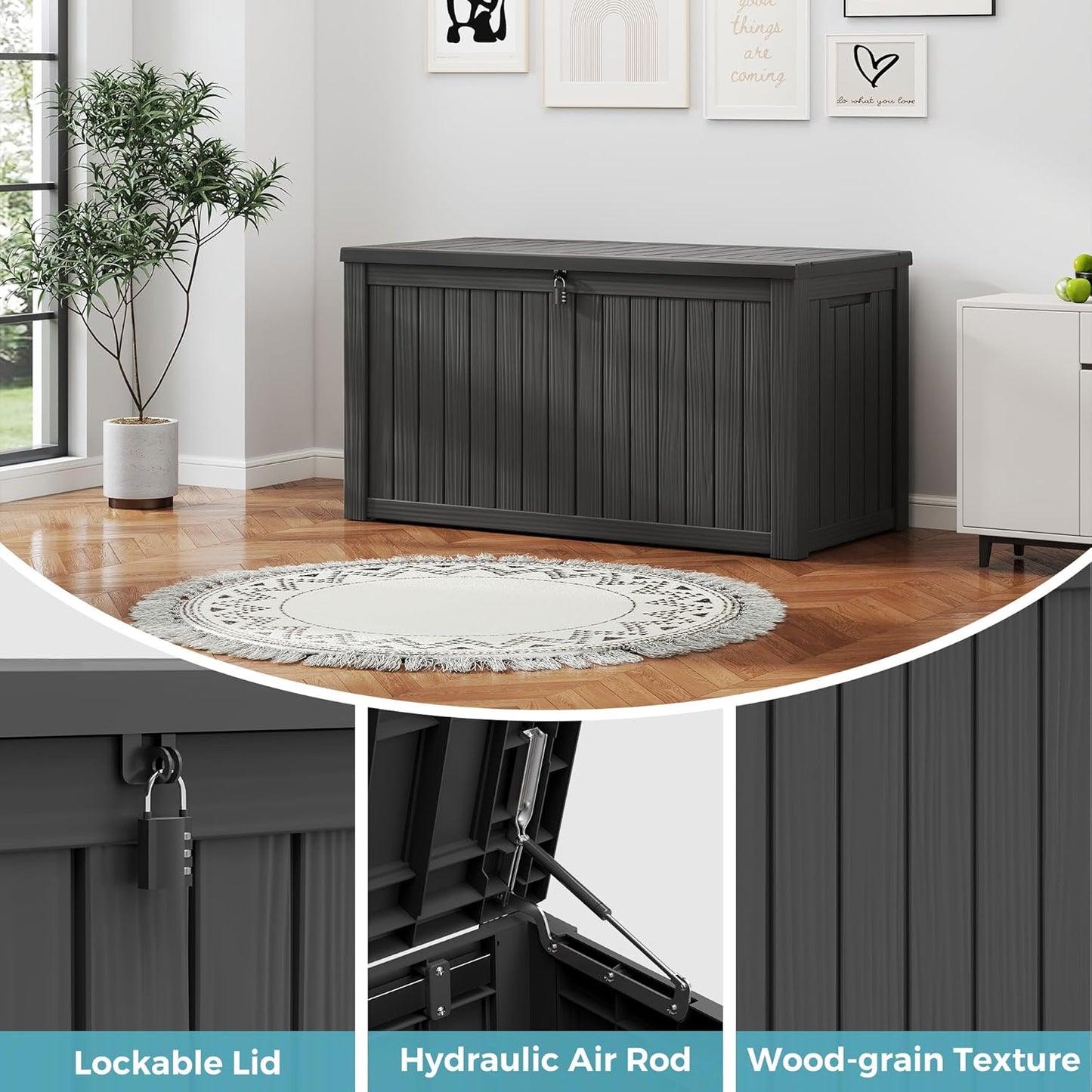 Outdoor Storage Box, Resin Deck Boxes Indoor and outdoor, Waterproof Storage Box Lockable Lid (Black, 150 Gallon)