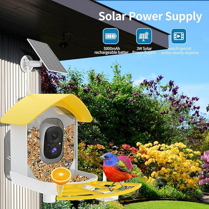 Smart Bird Feeder with Camera, AI Identify Birds Breed, Solar-Powered WiFi FHD 2K Live Camera, Auto Capture Backyard Garden Bird Watching, Motion Detection, Cloud and SD Card Storage,Yellow