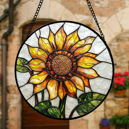 Stained Glass Window Hanging - Sunflower Flower Suncatcher Ready to Hang Window Doors Home Decoration and Christmas, Mother's Day Birthday Gifts for Women, Men, and Mom 11.8x11.8 in