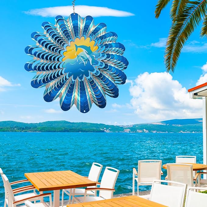 Animated Dolphin Wind Spinner | 3D Holographic Stainless Steel Kinetic Wind Spinners, Magical Dolphins Leaping Illusion, Outdoor Yard Art Garden Decor, Gift for Ocean Lover