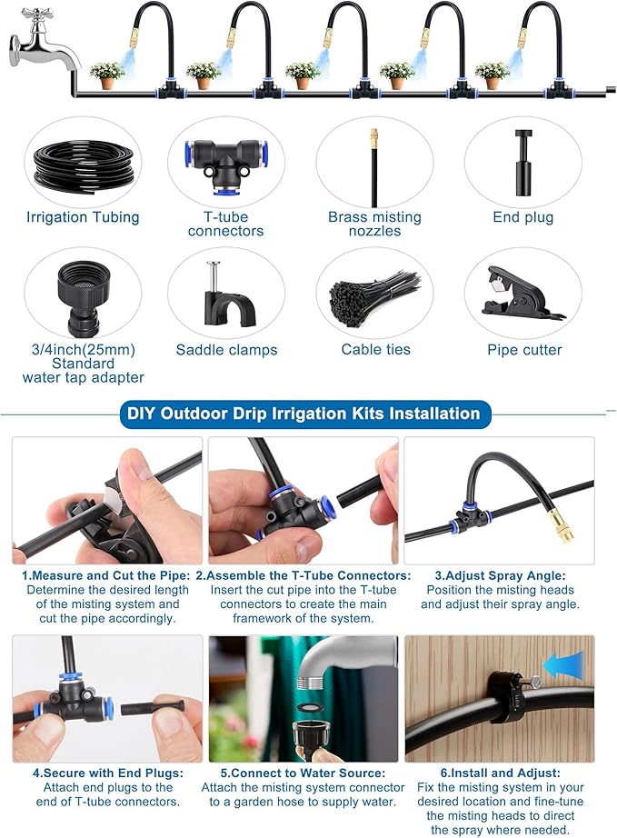 Mornajina Automatic Drip Irrigation Kits Garden Irrigation System, Includes 50FT 5/16 inch Irrigation Tubing Hose & 15Pcs 360° Bending Dropper Atomizing Mist Nozzles Tee for Garden Watering System