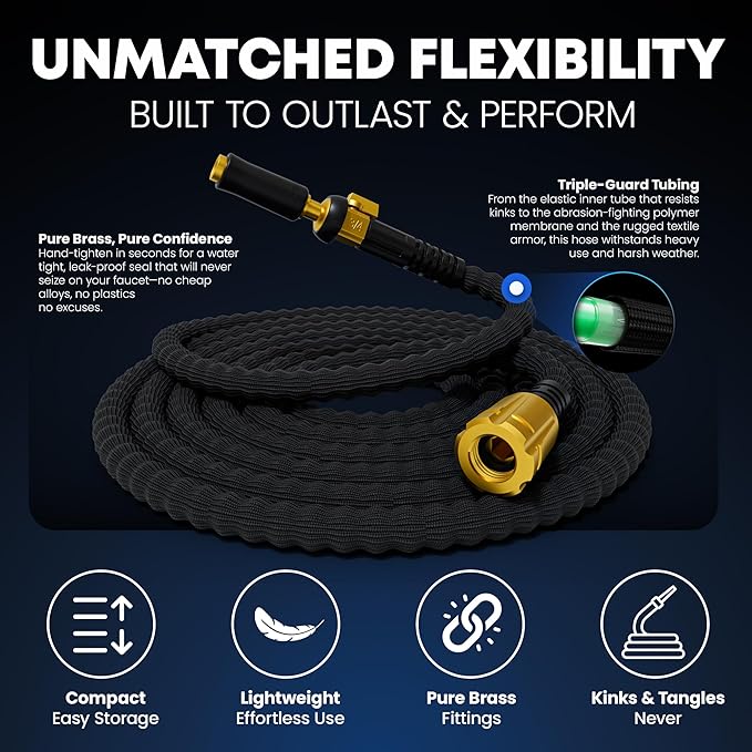 TITAN Flexible Garden Hose 10FT – Ultra Lightweight, Heavy Duty Water Hose with Brass Fittings & Jet Nozzle – Kink-Free, Non-Expanding, Durable Fabric Hose for Yard, Lawn, Car Wash, Outdoor Use