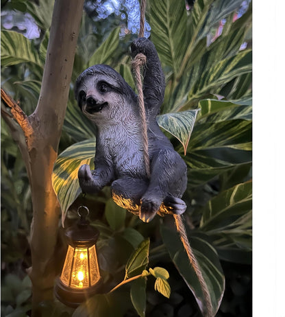 Sloth Garden Decor Cute Wild Animal Outdoor Sculpture Resin Climbing Twine with LED Light Waterproof Hanging Animal Figurine for Garden Wall Balcony