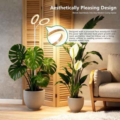 Full Spectrum Grow Light with Stand for Indoor Plants, Floor Plant Light, 6/12/18H Timer, 3 Color Modes, Adjustable Height 16.5–68in, for Large Plants & Home Décor(2 Heads,Faux Wood Grain)