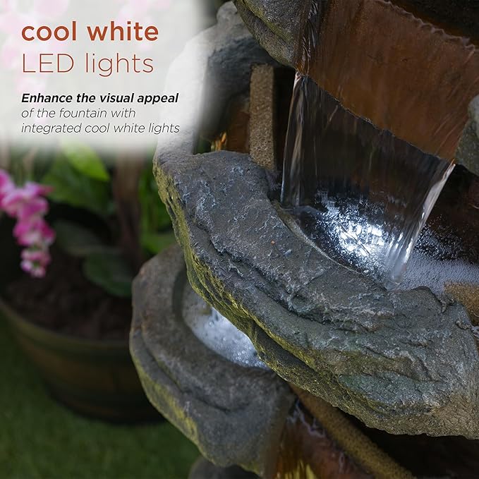 Alpine Corporation TZL352 Outdoor Floor Stone Tower Fountain with LED Lights, Multi-Level Garden Water Fountain, 47"H, Gray