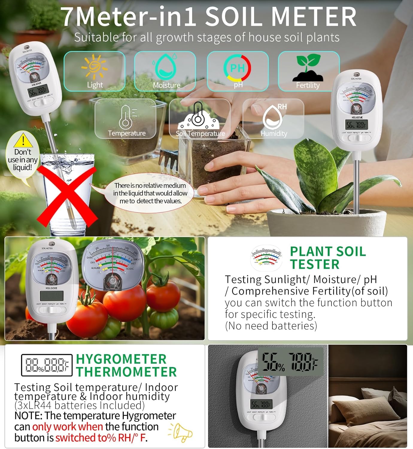 HSLGOVE Soil Test Kit, 7-in-One Soil Moisture Meter/Soil PH Meter/Fertility, Dual Screen Soil Tester w/Digital Soil Temp/Air Temp&Humidity for Plants Gardening,Lawn,Farm Indoor&Outdoor-PureWhite