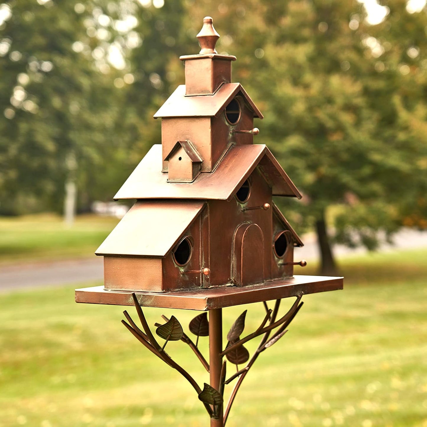 Large Copper Colored Multi-Birdhouse Stakes, Room for 4 Bird Families in Each (Church Style with Cascading Roof)